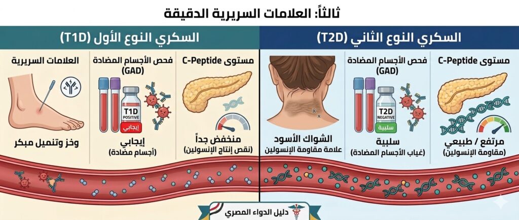 تحليل GAD65 و C-Peptide وعلامة الشواك الأسود لتشخيص نوع السكري