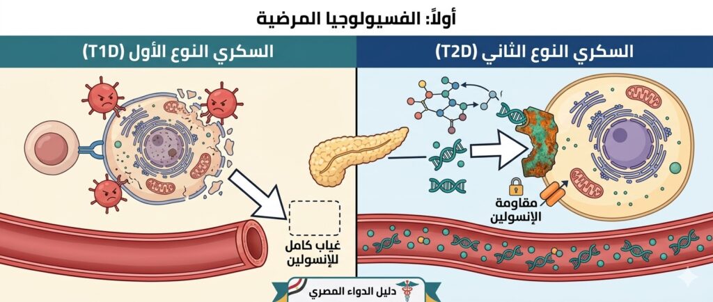 رسم توضيحي للفرق بين تدمير خلايا بيتا ومقاومة الإنسولين في السكري