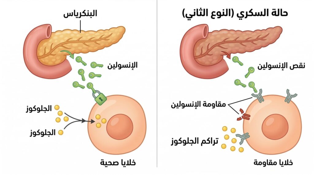 "رسم توضيحي طبي للفرق بين عمل البنكرياس الطبيعي والإصابة بالسكري ومقاومة الإنسولين".