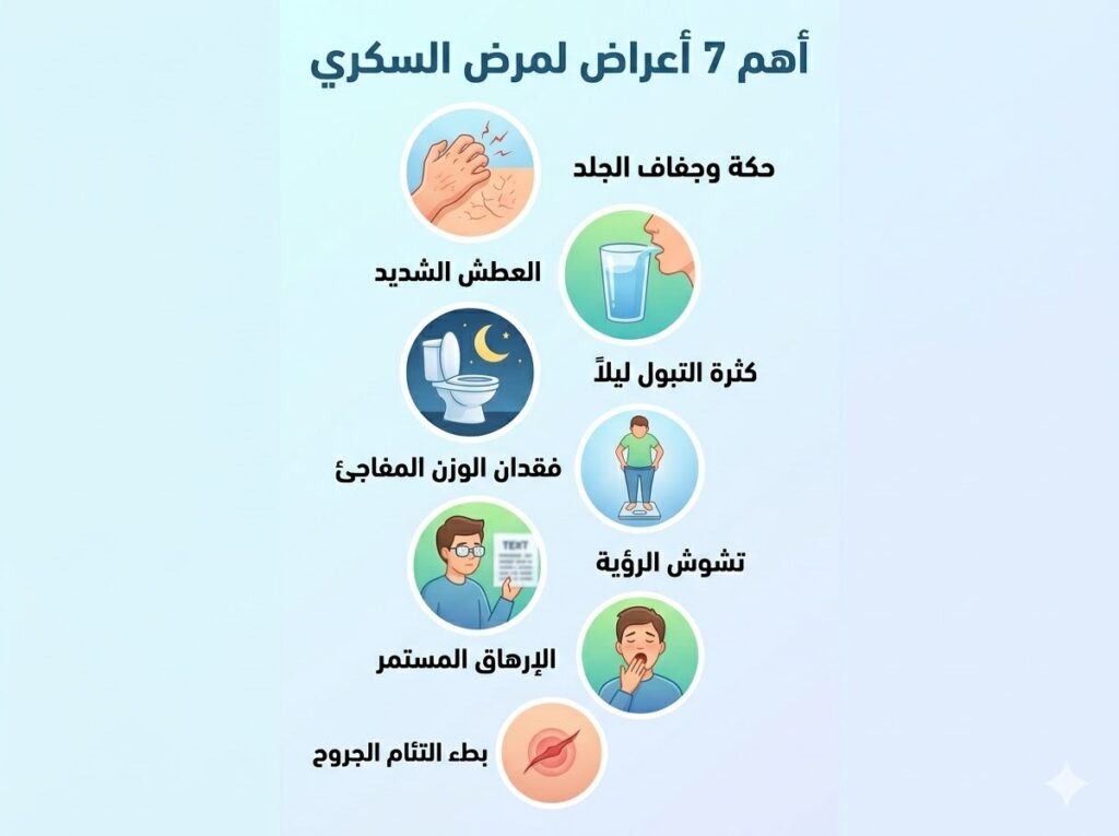 رسم بياني طولي (إنفوجرافيك) ملون يوضح أهم 7 أعراض لمرض السكري منها العطش، التبول، فقدان الوزن، وزغللة العين".