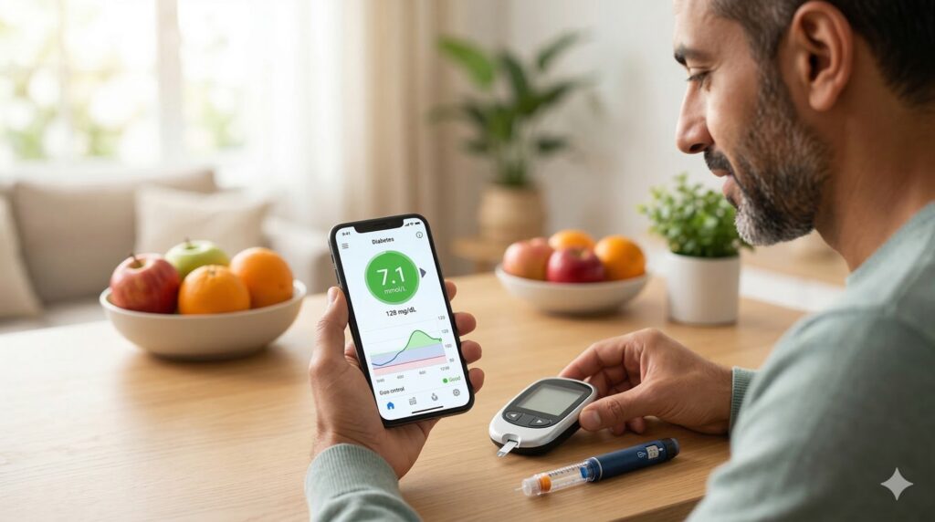 "صورة بارزة لمقالة الدليل الشامل لمرض السكري تظهر هاتفاً بتطبيق قراءات وجهاز قياس سكر منزلي وأقلام إنسولين حديثة للتعايش الذكي".